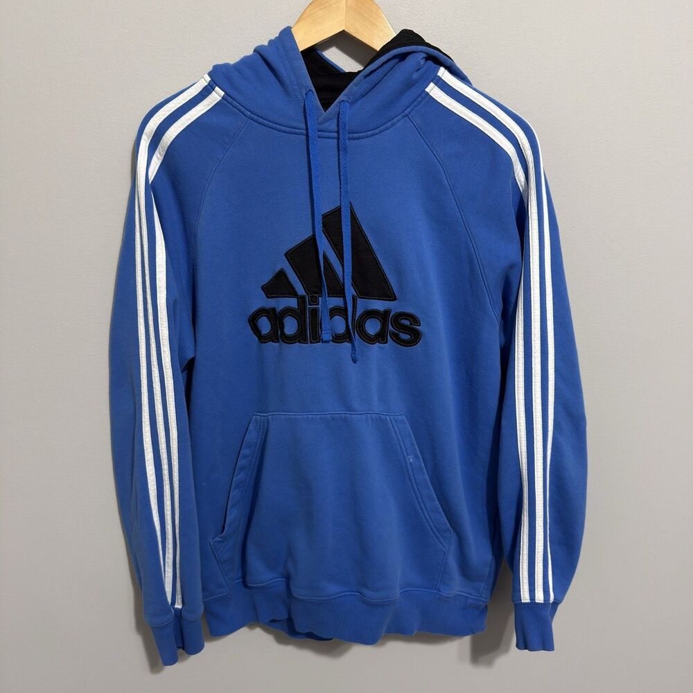 Adidas Hoodie Men Size M Blue Pullover Sweatshirt Center Logo 3 Stripes